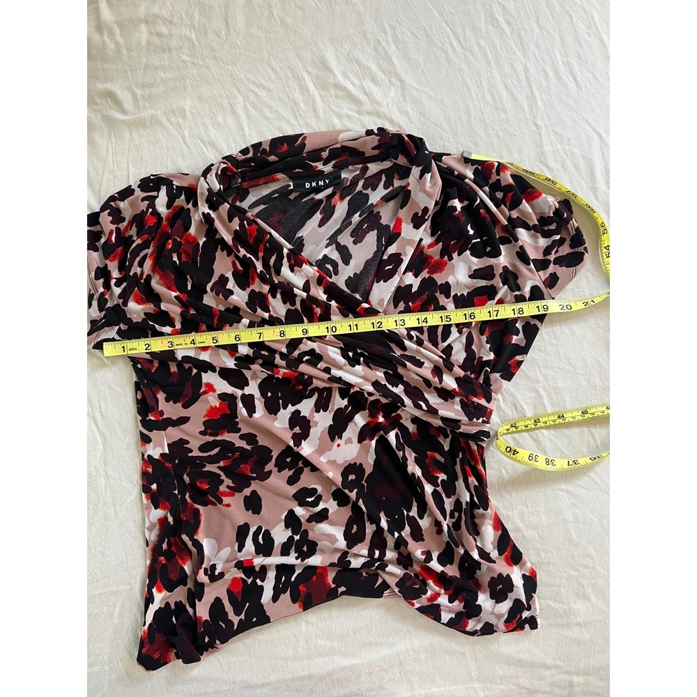 DKNY Leopard Animal Print Ruched Wrap Top Women's Medium Y2K Stretch Blouse - Picture 3 of 6